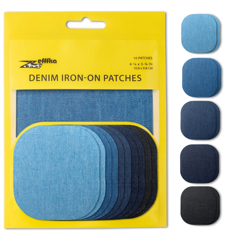 ZEFFFKA Denim Iron-on Jean Patches Inside & Outside Strongest Glue 100% Cotton Assorted Shades of Blue Black Repair Decorating Kit 10 Pieces Size 4-1/4" by 3-3/4" (9.8 cm x 10.8 cm) - Image 1